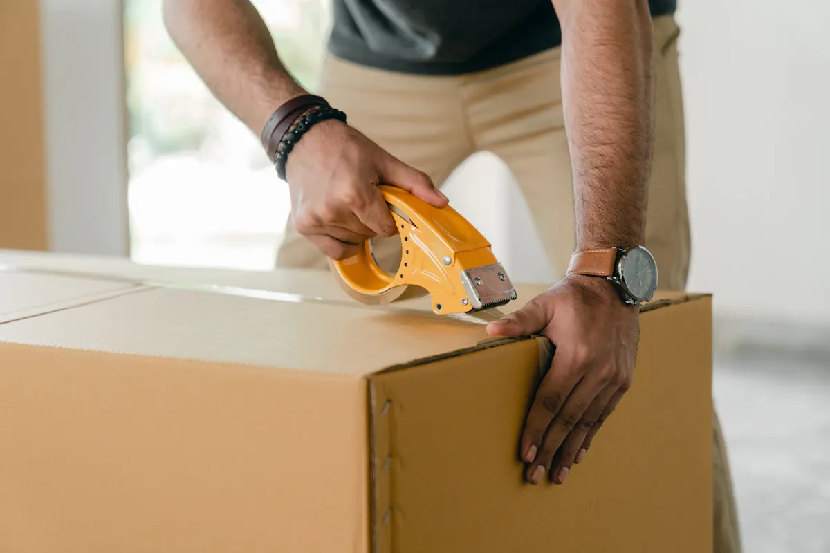 Mesa con materiales de embalaje profesional: cajas de cartón, papel burbuja, cinta adhesiva, etiquetas y herramientas organizadas para una mudanza eficiente